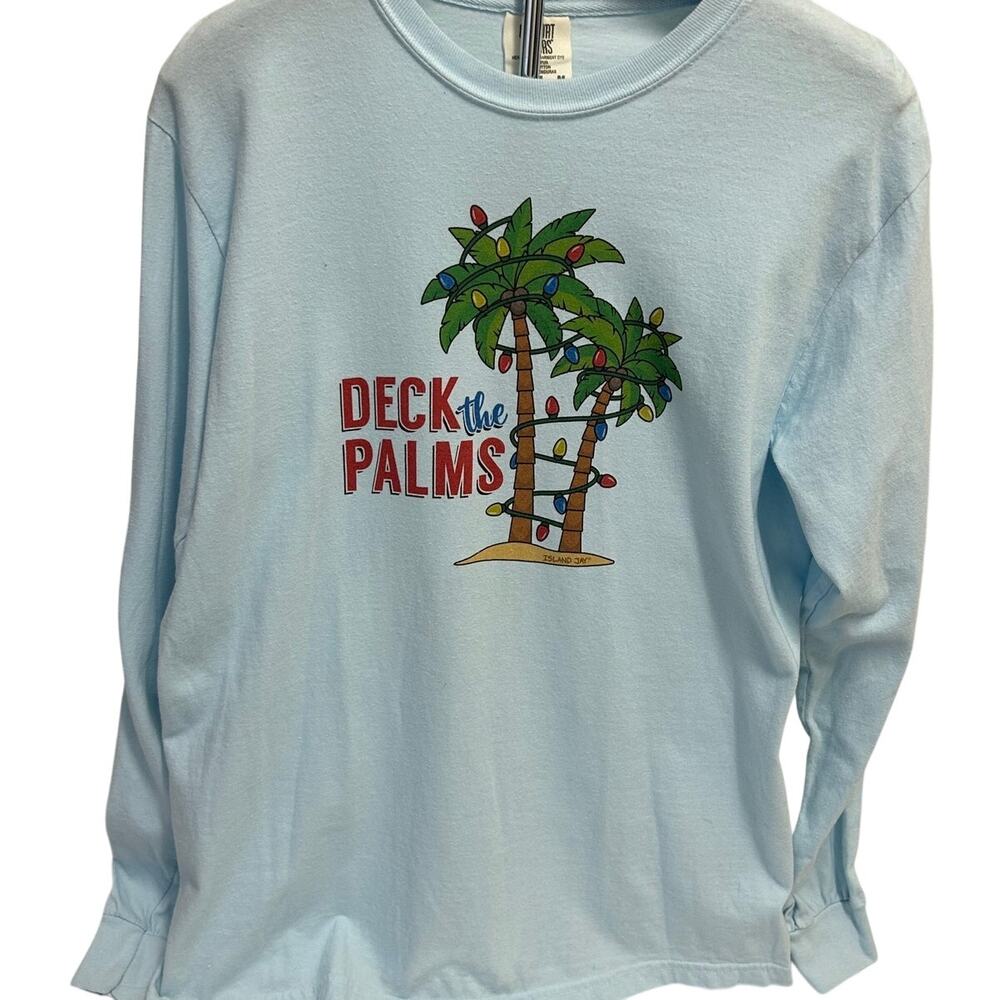 Comfort Colors light blue long sleeve Christmas t-shirt Deck the Palms  sz med